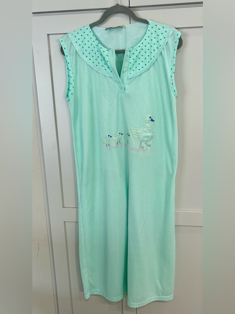 Vintage 1980’s Sleeveless Mint Green Cotton Nightgown with Duck Embroidery